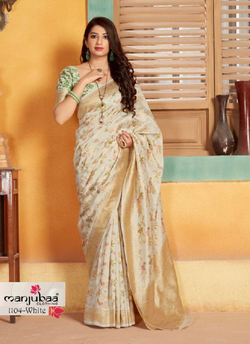 White Manjubaa Lotus Vol 11 Festive Wear Stylish Printed Silk Saree Collection 1104 White